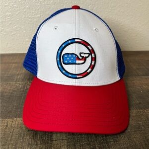 Vineyard Vines Hat Cap Snap Back Mens One Size Red White Trucker USA Flag Whale